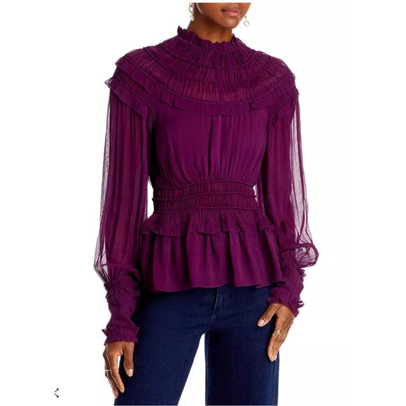 FARM RIO NWT Burgundy Ruffle Smocked Long Sleeve Blouse // XS - Picture 1 of 15